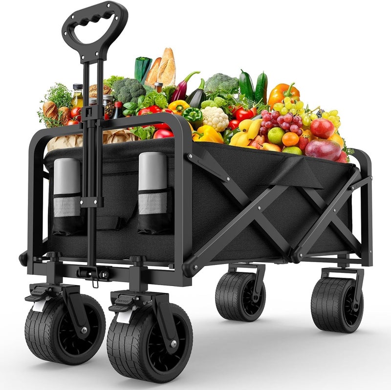 Eworld Heavy-Duty Foldable Utility Wagon Cart 150kg Capacity with All-Terrain Tyres, Adjustable Handle, 2 Storage Pockets – Black - Image 1